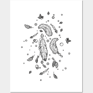 Magical Falling Feathers - Black and White Posters and Art